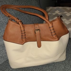 Large Cream & Cognac Leather Purse/Work Bag